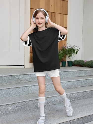 Image of Girls Oversized T Shirts Kids Summer Striped Short Sleeve Tops Casual Crewneck Tees 5-14 Years