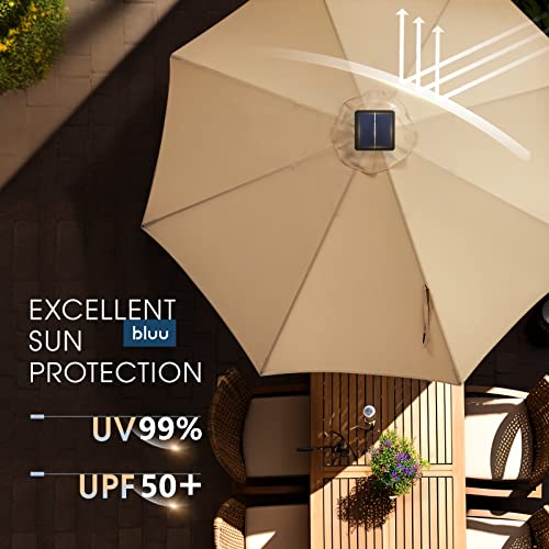 BLUU-9-Ft-Patio-Umbrella-with-Solar-LED-Lights-5-Year-Fade-Resistant-Aluminum-Outdoor-Table-Umbrella-with-Tilt-Adjustment-and-Crank-for-Pool-Deck-Garden-and-Lawn-Beige BLUU 9 Ft Patio Umbrella with Solar LED Lights 5 Year Fade Resistant Aluminum Outdoor Table Umbrella with Tilt Adjustment and Crank for Pool Deck Garden and Lawn Beige