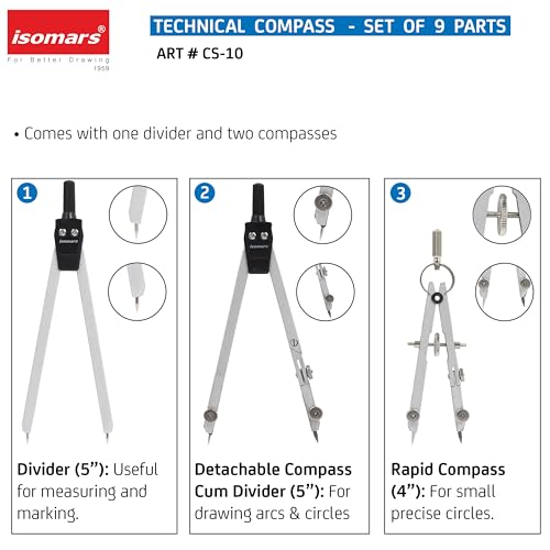 Image of Isomars Technical Compass Set | Set of 9 Items | for Engineers and Architects