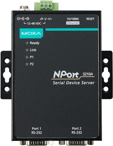 NPort 5210A 2 Ports Device Server, 10/100M Ethernet, RS-232, DB9 Male, 15KV ESD, 0.5KV Serial Surge, 12~48VDC, 0~60°C with Adapter