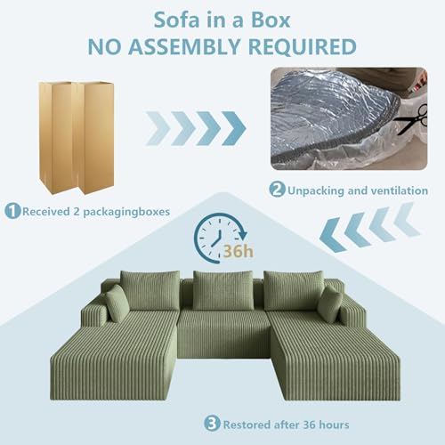 Image of 107 inch W Boneless Cloud Sectional Couch Modular Sofa with Ottoman | Modern U-Shaped Couches, Comfy Corduroy Memory Foam Sofas with Oversized Chaise for Living Room (Green)