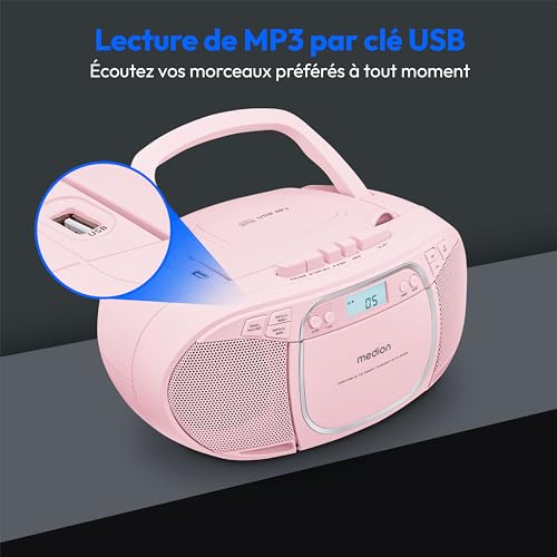 MEDION E66476 Stereo Sound System (Boombox, Lecteur CD, MP3, Cassette, Lecteur de Cassette Portable pour Enfants, Radio FM, AUX, écouteurs, Secteur & Batterie) Rose