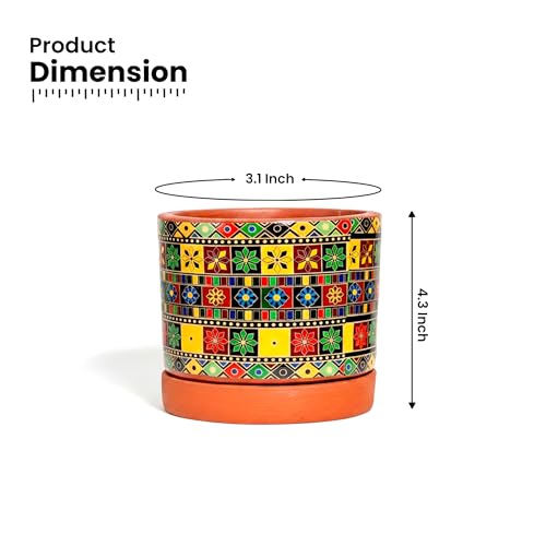 Image of Urban Plant Royal Motif 3D Terracotta Pot with Saucer | Hand-Painted Multicolor Ethnic Design Planter | Indoor Decorative Clay Plant Pot with Drainage Hole | Tabletop Flower Pot