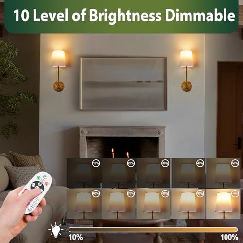 Image of Set of 2 Battery Operated Wall Sconce with Remote Control and White Fabric Shade,15 Colors Dimmable 5200mAh Rechargeable Cordless Wall Lamp for Living Room Bedroom Hallway,2 Bulbs Included