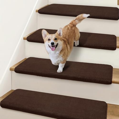 NEKL Bullnose Stair Treads Non Slip 9.5" x 32", 2 Pcs Ultra Plush Carpet Stair Treads for Wooden Steps Indoor with Edge Protection, Reusable Peel and Stick TPU Backing Stair Runner Rugs - Dark Brown
