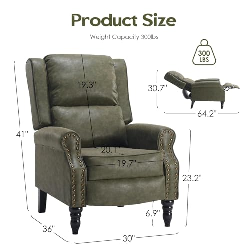 Image of Leather Recliner Chair, Pushback Recliner Chair with Adjustable Backrest Footrest, Mid Modern Reclining with Overstuffed Arms Lumbar Support for Reading, Living Room, Green