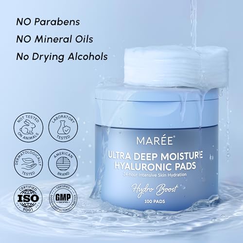 Image of MAREE Hyaluronic Acid Toner Pads - Hydrating Face Wipes for Women Cleansing - Zero Pore Toning Brightening Exfoliating Face Pads - Pore Reducer Facial Peels - Acne Treatment Device
