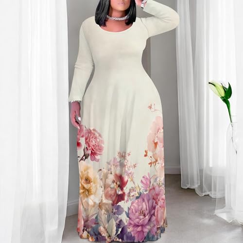 Image of PinkPatty Plus Size Maxi Dress for Curvy Women Crew Neck Long Sleeves Casual Dress Vacation Sundresses with Pockets