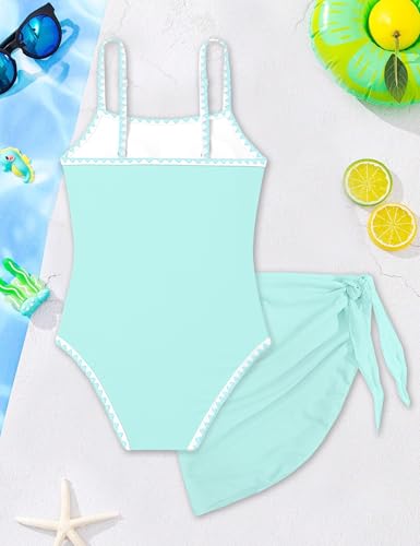 Image of WIQI Girls Swimsuit One Piece Bathing Suit Color Contrast Trim Girls' Swimwear with Cover Up Skirt Size 9-16