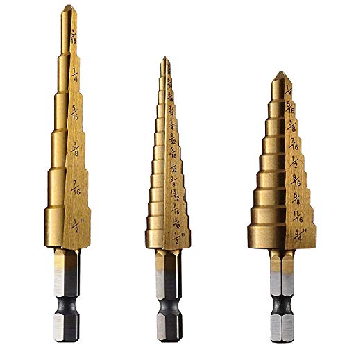amoolo Titanium Step Drill Bit Set (3Pcs), Total 28 Sizes High Speed Steel (HSS) 1 4  Hex Shank Unibit for Soft Metal Sheet, Wood, Plastic, Multiple Hole Drilling Cone Bit Set