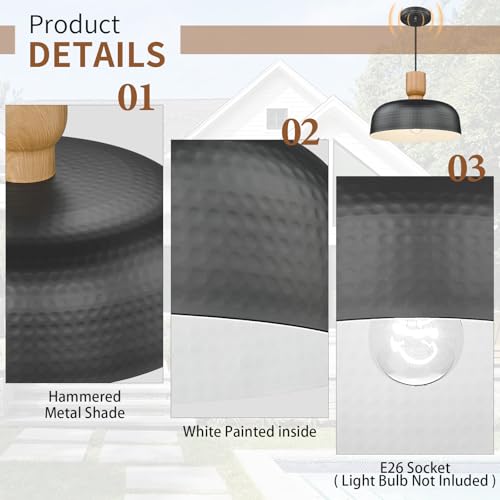 Image of Darkaway Dusk to Dawn Industrial Pendant Light Fixtures Ceiling Hanging with Hammered Metal Shade, 2pcs Black Pendant Light for Outdoor Porch Lighting Hanging Lamp Adjustable Height