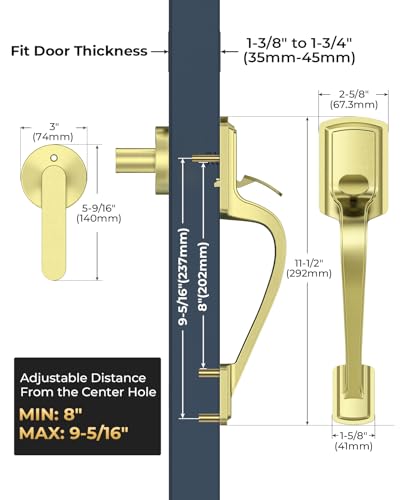 Image of Gold Front Door Handle No Lock, Heavy Duty Front Door Lock Set | Brass Exterior Door Handle No Lock for Every Deadbolt, Zinc Exterior Door Lock, Entry Handleset, Easy Install, Universal