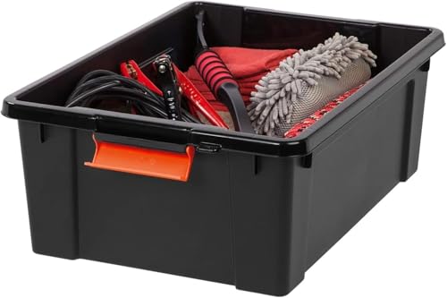 Image of IRIS USA 4 Pack 12 Gallon Lockable Storage Bins, Heavy Duty Stackable Containers with Lids for Garage Organization or Moving, Black /Orange