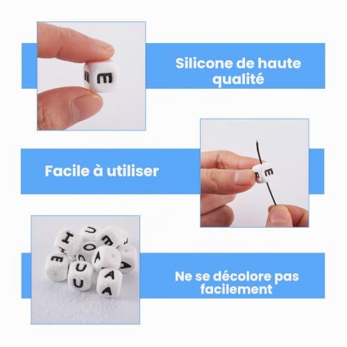 BB Beadthoven - 50 perles en forme de cube en silicone avec les lettres de l'alphabet, perles carrées en silicone de 12x12 mm avec les voyelles de l'alphabet en noir pour la création de bijoux – vue 3