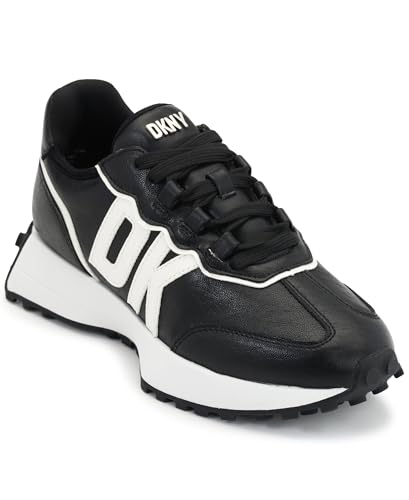 DKNY Women's Needra-Lace Up Everyday Sneaker, Black/White, 9
