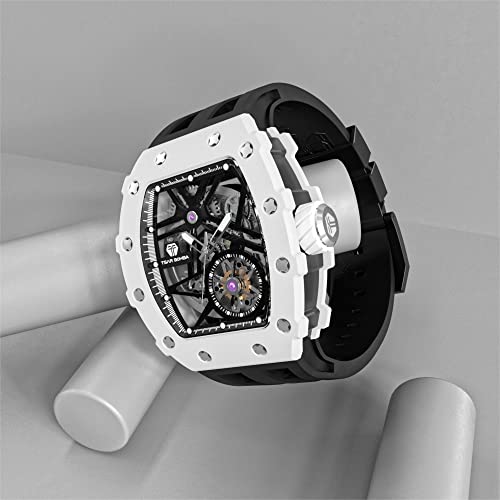 Image of TSAR BOMBA Men's Automatic Watch Tonneau Luxury Skeleton Watches for Men Mechanical 50M Waterproof Analogue Watches Mens Unique Cool Square Big Face Dial Wristwatch with Silicone Strap Band