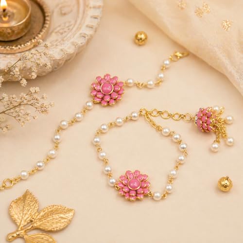 Image of JAIPUR ACE Pink Floral Couple Rakhi Bracelet | Gold Plated Hathphool Hand Harness with Pearl Chain | Elegant Rakhi for Bhai Bhabhi | Traditional Ethnic Hand Jewelry for Raksha Bandhan & Festivals