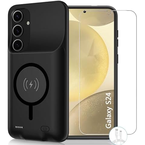 JBUBN Battery Case for Galaxy S24,High Capacity [10000mAh] Extended Portable Protective Charging Case Backup Compatible with Galaxy S24 Wireless Charger Case with 1x Screen Protector & Cable-Black Cover