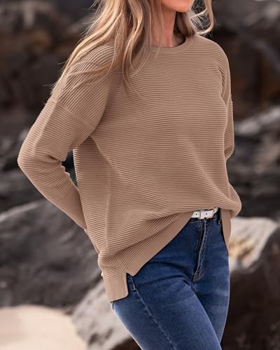 BTFBM Fall Sweaters for Women 2025 Casual Long Sleeve Sweater Striped Loose Fit Pullover Tops