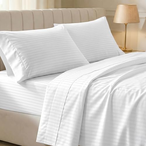 Image of California Design Den Soft 100% Cotton Twin Sheet Set, 400 Thread Count Good Housekeeping Award Winner, Silky Smooth Sateen Weave, Breathable and Durable Cotton Bedding Set - Striped White