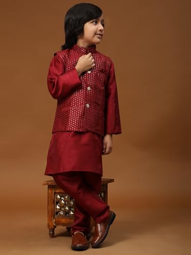 Image of Pro-Ethic Style Developer Kurta Pajama For Kids Boys With Waistcoat | Silk | Floral | Traditional Dress (S-200)