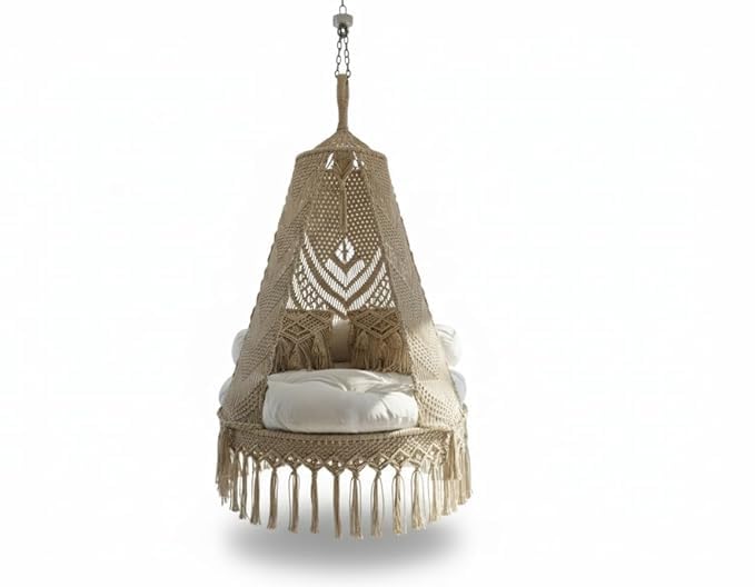 Image of Handcrafted Macrame Hanging Swing Chair with Canopy & Cushions - Premium Cotton Rope Hammock for Balcony, Patio, Living Room & Indoor /Outdoor Decor (Beige)