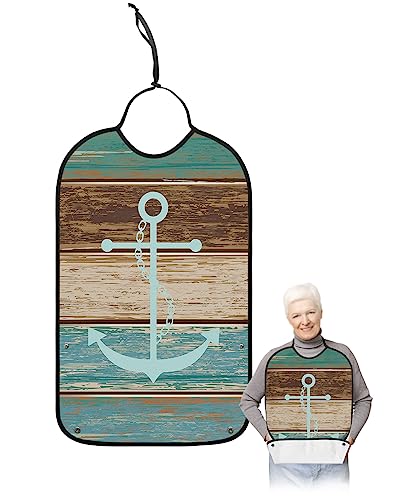 Teal Brown Wood Adult Bibs for Eating, Waterproof Bibs with Food Catcher & Adjustable Snap Closure, Summer Beach Nautical Anchor Ocean Coastal Clothing Protectors Adult Bibs for Elderly Women/Men