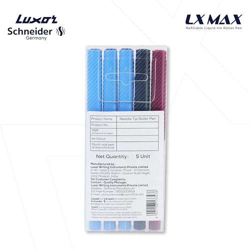 Image of Luxor Schneider, LX MAX roller ball pen, Pack of 5-3 Blue + 1 Black + 1 Red, Needle Tip, 0.5mm, 100% German Technology, 1000+ mtrs writing length, Waterproof Ink, Ideal for Students & Professionals