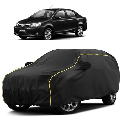 Image of Sulfar 100% Water Resistant Car Body Cover Compatible with Mirror for Toyota Etios (Triple Stitched, Full Bottom Elastic, Black Taffeta with Yellow Piping)
