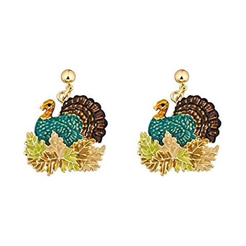 Lova Jewelry Retro Turkey Foliage Thanksgiving Fall Enameled Gold Tone Metal Dangle Earrings Cover