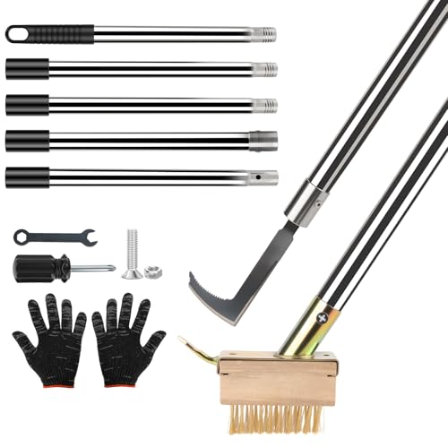Spazzola per diserbare 2 in 1 con manico telescopico (160 cm), raschietto per giunti da giardino con lama raschietto e spazzola per erbe, per pulizia articolazioni pavimentate, bordi e rimozione di