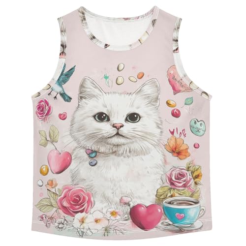 Bolaz Boys Athletic Quick Dry Tank Top Sleeveless Workout T Shirts Age 11-15,Cartoon Cat and Floral