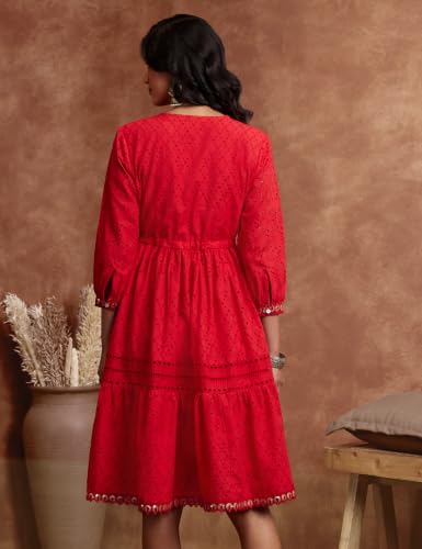 Image of Amazon Brand - Myx Women's Schiffli Dress | Casual Cotton Dress | Knee-Length (Available in Plus Sizes)