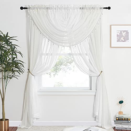 NICETOWN Window Sheer Curtains for Living Room, 4 Panels (55"x 84" Each) with 2 Waterfall Beads Valances, All-in-One Mix Match Voile Curtains Rod Pock