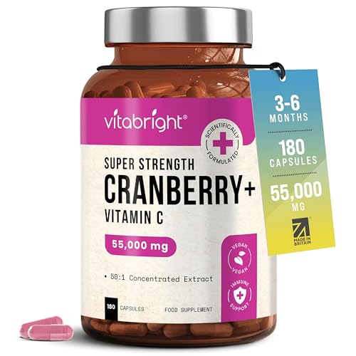 VitaBright Cranberry Tablets with Natural D-Mannose | 55 000mg | 180 Capsules | 3 Month Supply | Cranberry Supplements for Women with Vitamin C | No Added Sugar | High Strength Extract