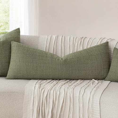 Image of Foindtower Set of 1 Decorative Linen Check Throw Pillow Cover Neutral Long Body Lumbar Cushion Cover Farmhouse Vintage Boho Home Decor for Sofa Chair Couch Bedroom Living Room,14x36 Inch,Sage Green