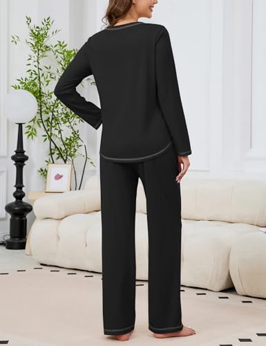 Image of KCW Womens Pajamas Sets 100% Cotton 2 Piece Lounge Set Long Sleeve Tops and Pants Soft Pjs Sleepwear with Pockets
