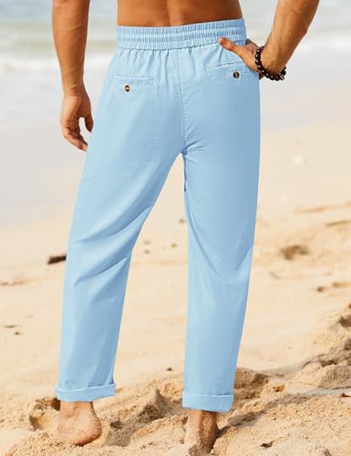 Image of iWoo Linen Pants Men Casual 2025 Summer Beach Elastic Drawstring Waist Yoga Pants Travel Baggy Work Pant Pajama