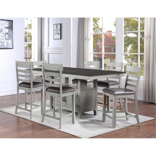 BOWERY HILL 7-Piece Wood Dining Room Table Set, Stone Gray and Charcoal Finish, 80 in Extendable Table with Storage, Faux Leather Upholstered Chairs, Transitional Style for Kitchen or Dining Room