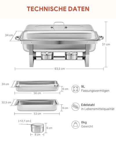 Wilprep Chafing Dish Speisewärmer 9L 2pcs Edelstahl Warmhaltebehälter Wärmebehälter Edelstahl Buffet-Set für Catering Buffet und Party (Silber - 2 Set) – Bild 6