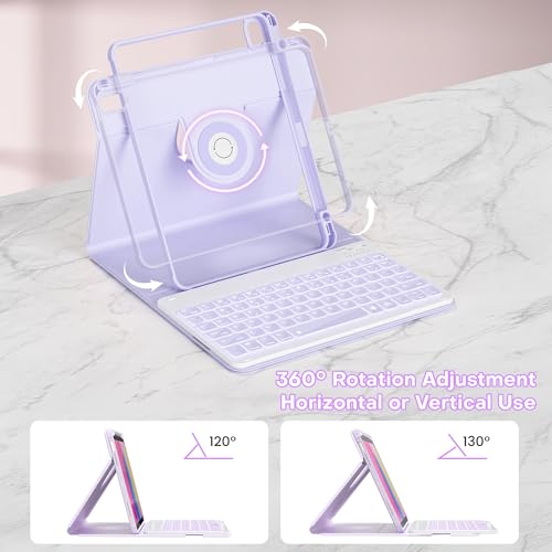 Image of YBING Keyboard Case for iPad 10th Gen 10.9 inch(2022) & 11th Gen(A16, 2025), 7-Color Backlit Detachable Keypad & Rotatable Magnetic Case with Pencil Holder (Purple)