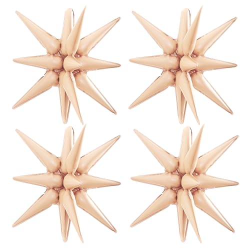Image of TONIFUL 4 Pcs Explosion Star Balloons Caramel Foil Balloon Party Decoration | 22 Inch Large Mylar Star Balloon for Fall Party Decor Boho Birthday Wedding Bridal Shower Neutral Baby Shower Engagement