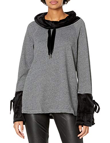Calvin Klein Women's High Neck Velour Pullover with Wide Sleeves and Ties, Black Heather, Large