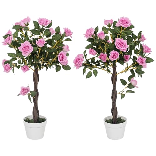 Outsunny Lot de 2 rosiers artificiels de 90 cm - Plante décorative avec Pot - Décoration d'intérieur et d'extérieur - Violet