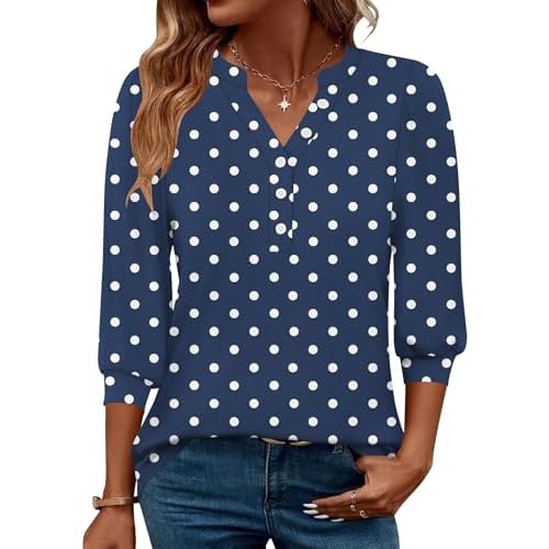 Rapbin 3/4 Length Sleeve Womens Tops 2025 Summer Fall Henley V Neck Button Down Tunic Shirts Casual Business Blouses Blue Polka Dots X-Large
