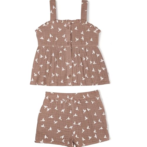 Image of MakeMake Organics GOTS Certified Organic Cotton Baby Kids Toddler Girl Top and Short Outfit Set - Flock, 4-5 Years