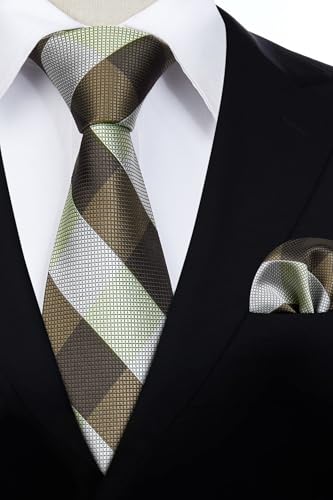 Image of HISDERN Ties for Men Plaid Checkered Tie with Pocket Square Woven Business Formal Necktie Handkerchief Set Wedding Party
