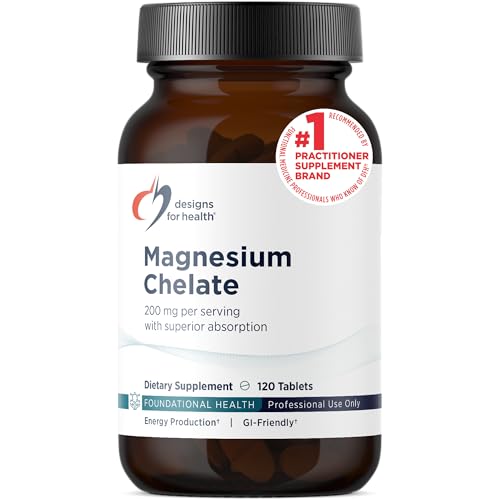 Designs for Health Magnesium Chelate Tablets - 200mg Magnesium Bisglycinate Chelate - Non-GMO Supplement Designed to be Easier on the Stomach (120 Tablets)