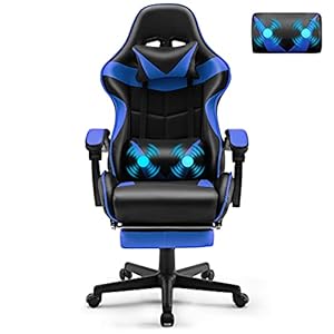 Soontrans Gaming Stuhl Massage, Gaming Sessel mit Fußstütze & Kopfstütze & Massage-Lendenkissen, Gepolsterte Armlehnen, Ergonomisch Gaming Stuhl für Gamer YouTube Livestreaming Xbox (Blau)