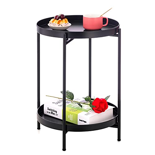 Pokpek Black Side Table, 2-Tier Small Round End Table with Removable Tray, Circle Folding Metal Accent Table Bedroom Nightstand, Modern Living Room Sofa Snack Table, Boho Coffee Table Indoor/Outdoor